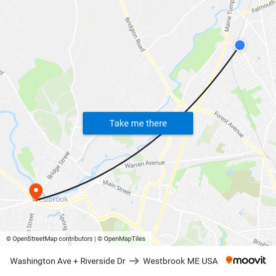 Washington Ave + Riverside Dr to Westbrook ME USA map