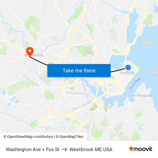 Washington Ave + Fox St to Westbrook ME USA map