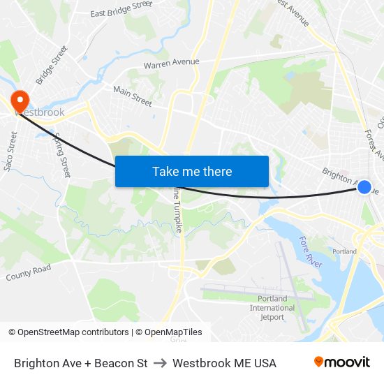 Brighton Ave + Beacon St to Westbrook ME USA map