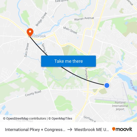 International Pkwy + Congress St to Westbrook ME USA map