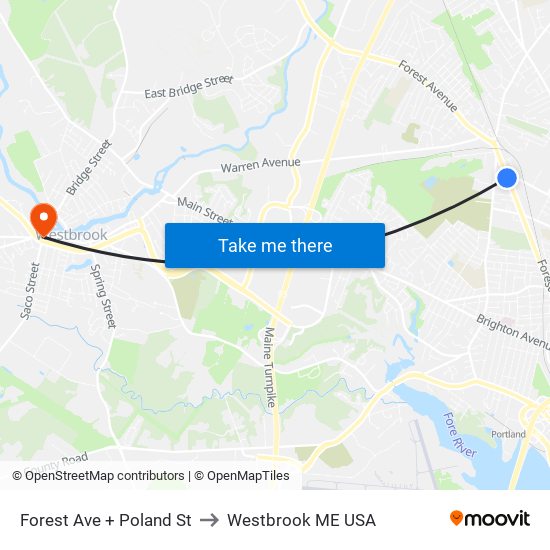 Forest Ave + Poland St to Westbrook ME USA map