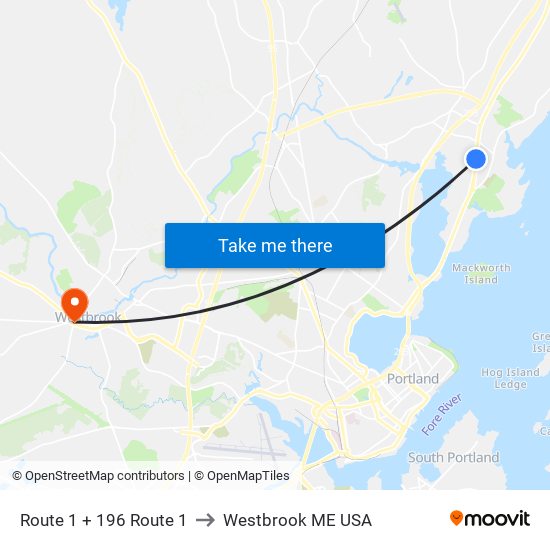 Route 1 + 196 Route 1 to Westbrook ME USA map