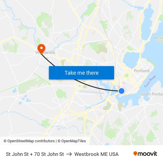 St John St + 70 St John St to Westbrook ME USA map