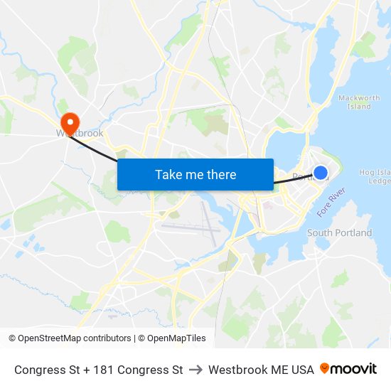 Congress St + 181 Congress St to Westbrook ME USA map
