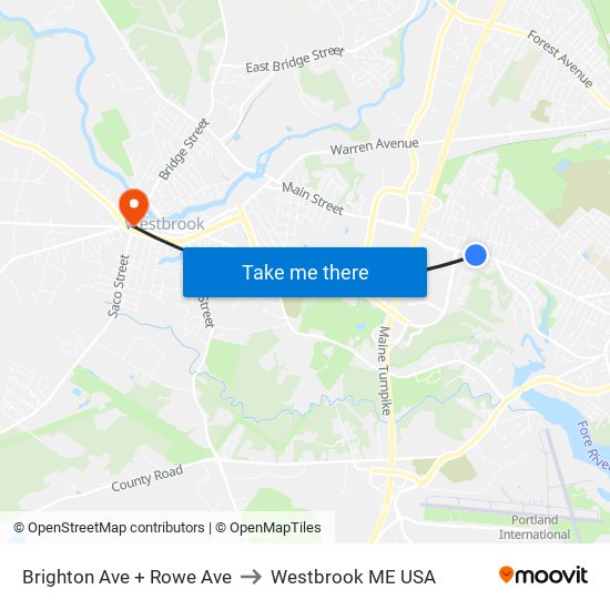 Brighton Ave + Rowe Ave to Westbrook ME USA map