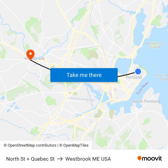 North St + Quebec St to Westbrook ME USA map