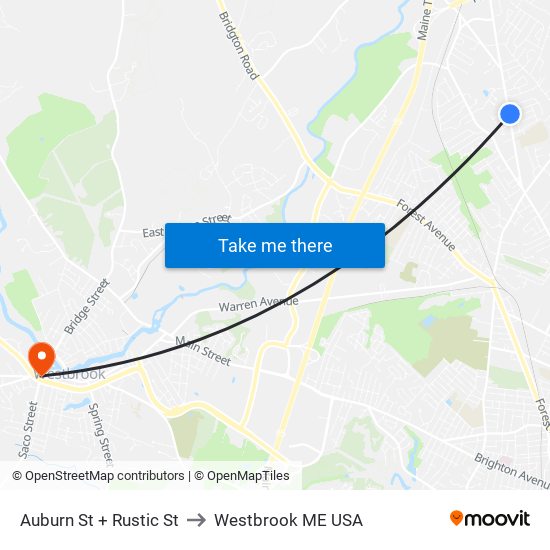 Auburn St + Rustic St to Westbrook ME USA map