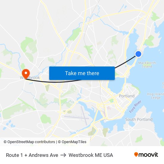 Route 1 + Andrews Ave to Westbrook ME USA map
