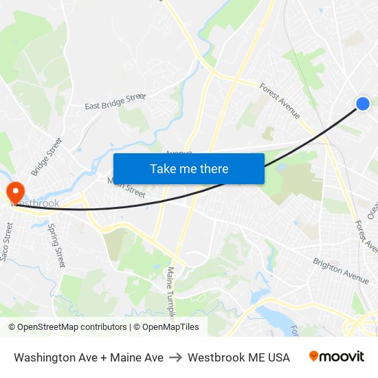 Washington Ave + Maine Ave to Westbrook ME USA map