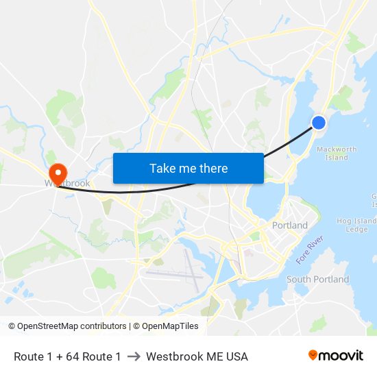 Route 1 + 64 Route 1 to Westbrook ME USA map