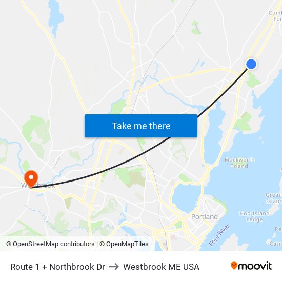 Route 1 + Northbrook Dr to Westbrook ME USA map