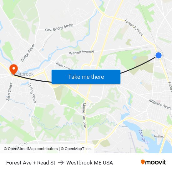 Forest Ave + Read St to Westbrook ME USA map