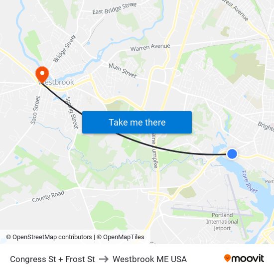 Congress St + Frost St to Westbrook ME USA map