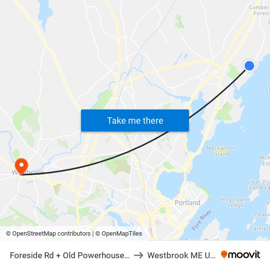 Foreside Rd + Old Powerhouse Rd to Westbrook ME USA map