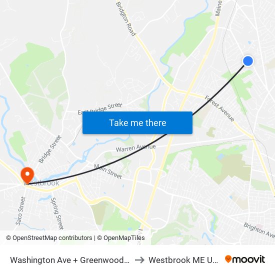 Washington Ave + Greenwood Ln to Westbrook ME USA map