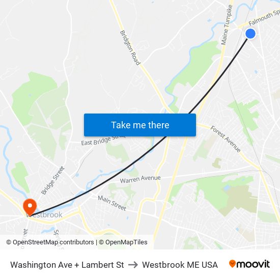 Washington Ave + Lambert St to Westbrook ME USA map