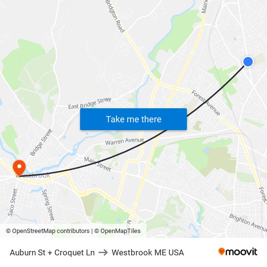 Auburn St + Croquet Ln to Westbrook ME USA map