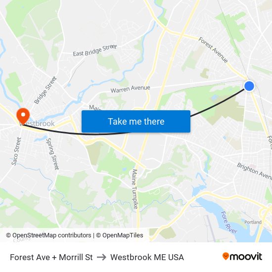 Forest Ave + Morrill St to Westbrook ME USA map