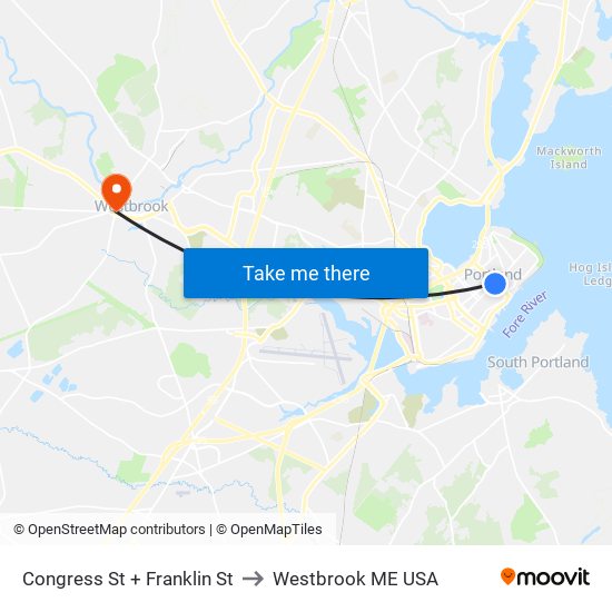 Congress St + Franklin St to Westbrook ME USA map