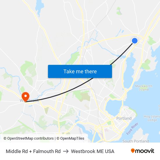 Middle Rd + Falmouth Rd to Westbrook ME USA map