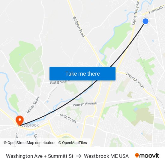 Washington Ave + Summitt St to Westbrook ME USA map