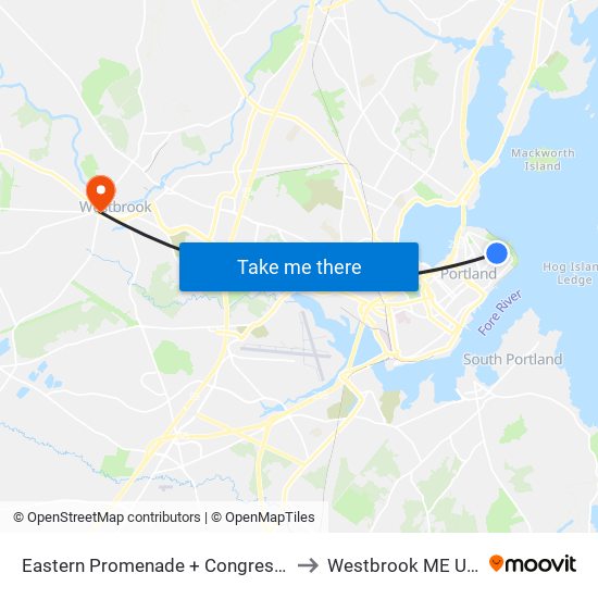 Eastern Promenade + Congress St to Westbrook ME USA map