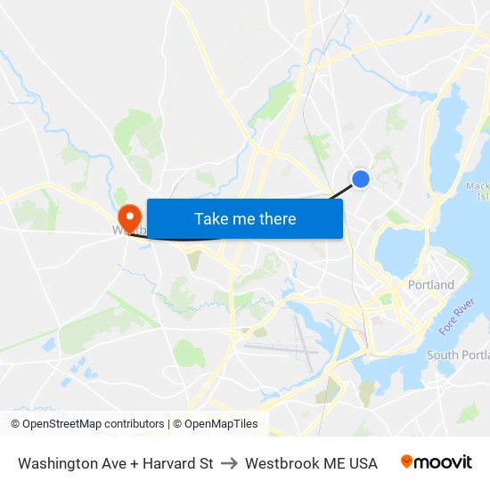 Washington Ave + Harvard St to Westbrook ME USA map