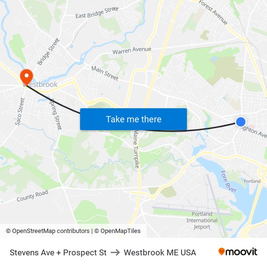 Stevens Ave + Prospect St to Westbrook ME USA map