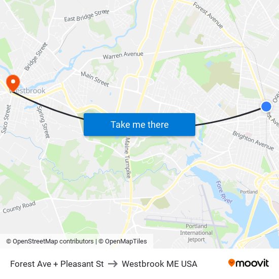 Forest Ave + Pleasant St to Westbrook ME USA map