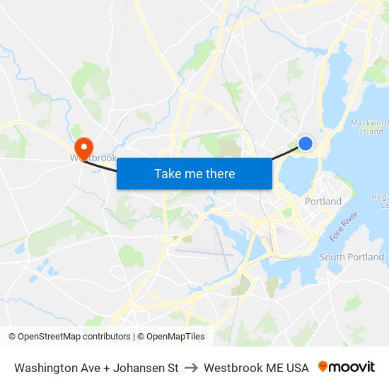 Washington Ave + Johansen St to Westbrook ME USA map