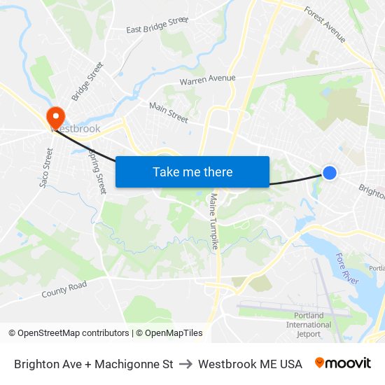Brighton Ave + Machigonne St to Westbrook ME USA map