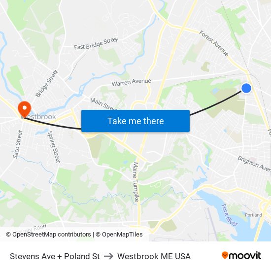 Stevens Ave + Poland St to Westbrook ME USA map