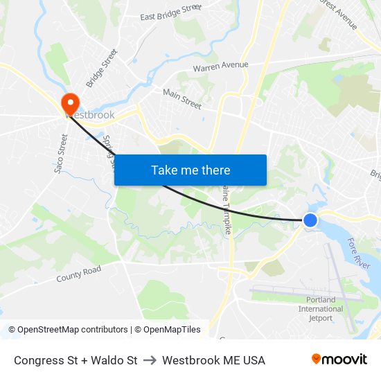 Congress St + Waldo St to Westbrook ME USA map