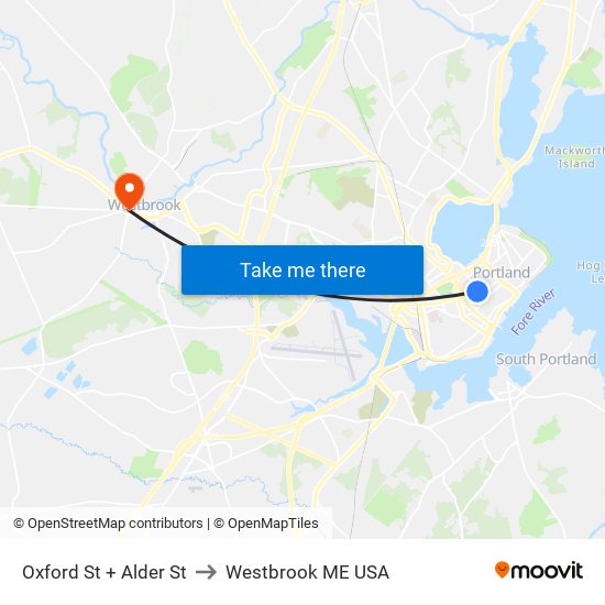 Oxford St + Alder St to Westbrook ME USA map