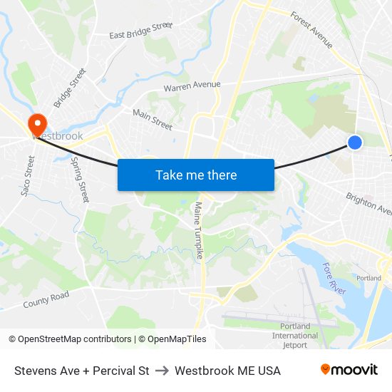 Stevens Ave + Percival St to Westbrook ME USA map