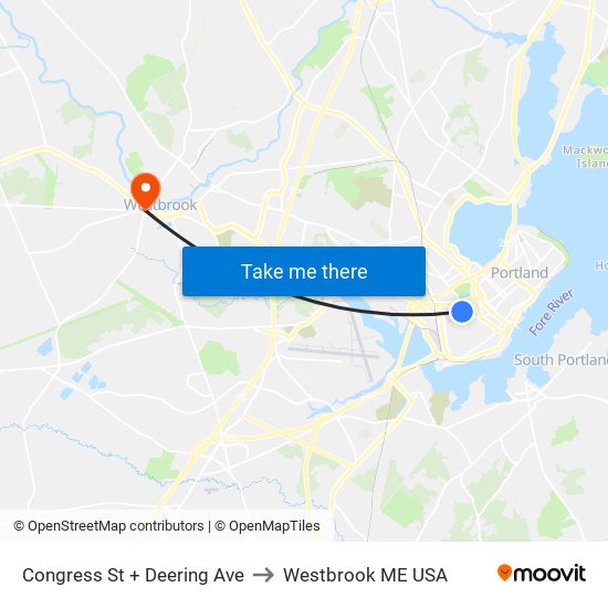 Congress St + Deering Ave to Westbrook ME USA map