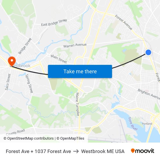 Forest Ave + 1037 Forest Ave to Westbrook ME USA map