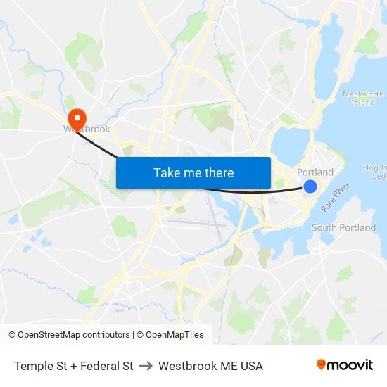 Temple St + Federal St to Westbrook ME USA map