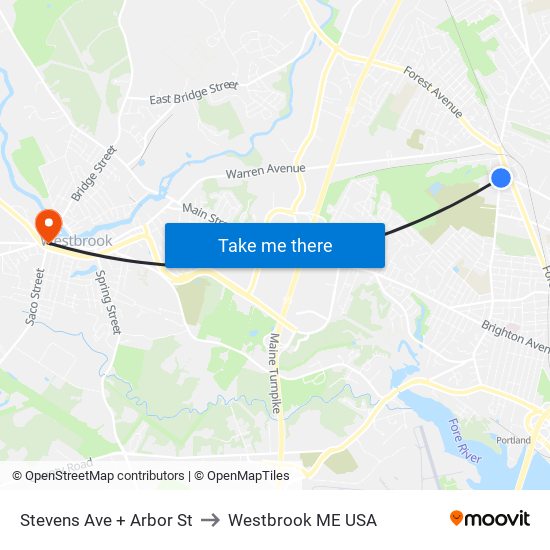 Stevens Ave + Arbor St to Westbrook ME USA map