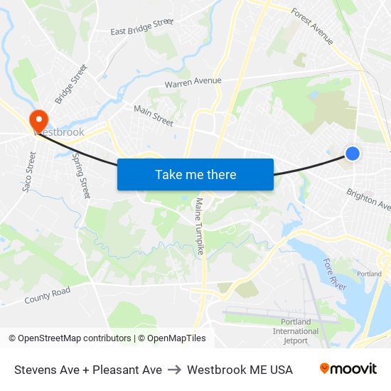 Stevens Ave + Pleasant Ave to Westbrook ME USA map