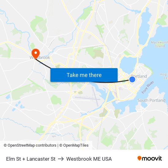 Elm St + Lancaster St to Westbrook ME USA map