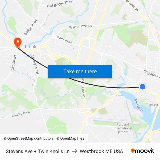 Stevens Ave + Twin Knolls Ln to Westbrook ME USA map