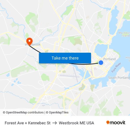 Forest Ave + Kennebec St to Westbrook ME USA map