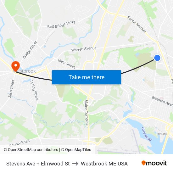 Stevens Ave + Elmwood St to Westbrook ME USA map