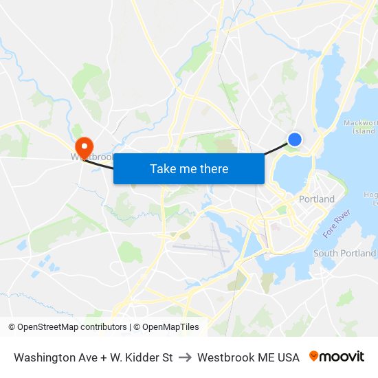 Washington Ave + W. Kidder St to Westbrook ME USA map