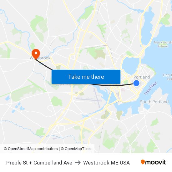 Preble St + Cumberland Ave to Westbrook ME USA map