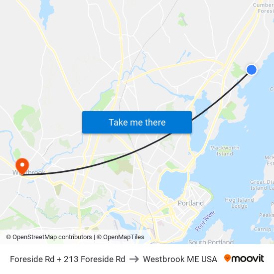 Foreside Rd + 213 Foreside Rd to Westbrook ME USA map