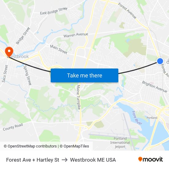 Forest Ave + Hartley St to Westbrook ME USA map
