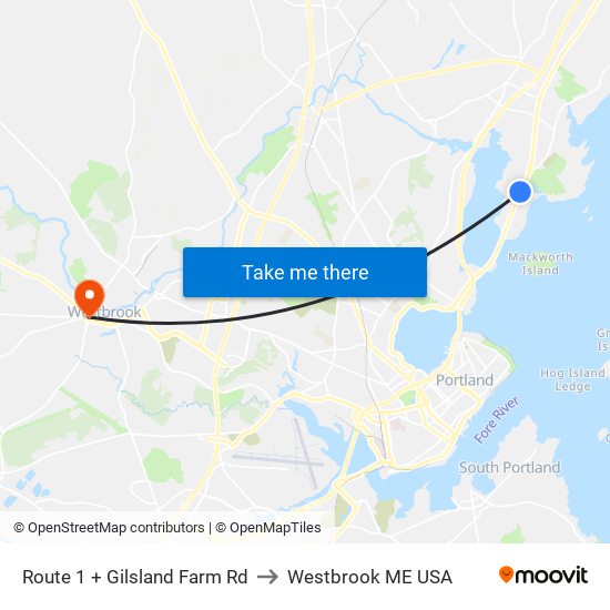 Route 1 + Gilsland Farm Rd to Westbrook ME USA map