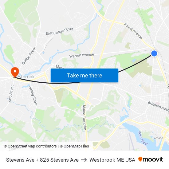 Stevens Ave + 825 Stevens Ave to Westbrook ME USA map